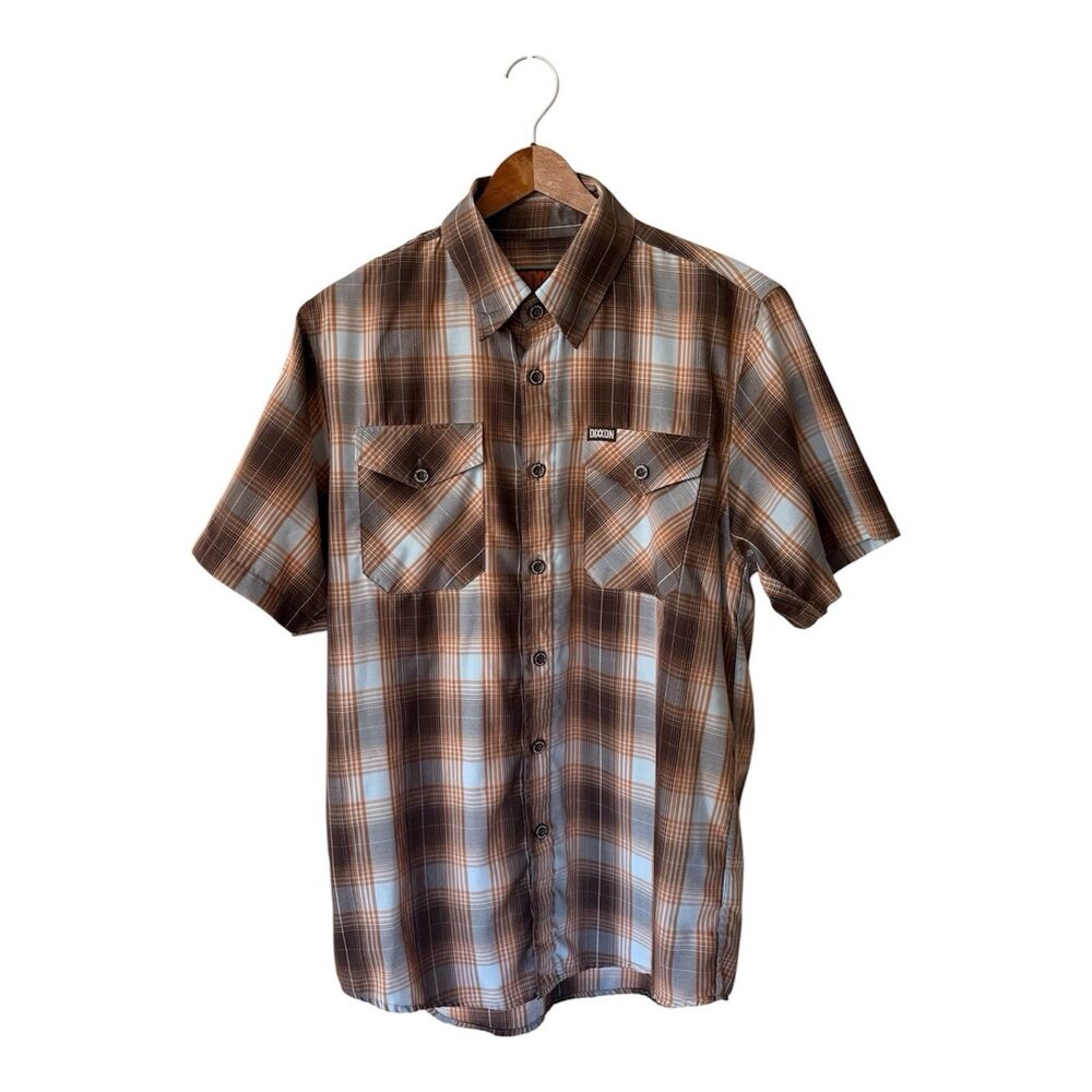 DIXXON Pismo Bamboo Short Sleeve Mens Shirt Size Small Plaid Bamboo Brown Blue